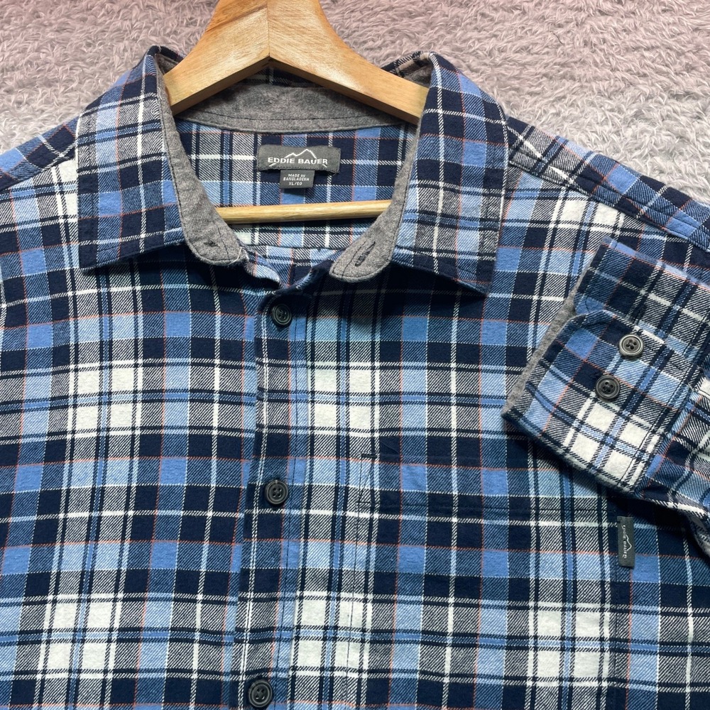 Eddie Bauer Mens XL Blue Plaid Flannel Button Down Shirt Jersey Lined Trim